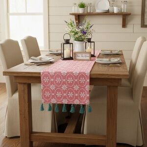 The Pioneer Woman Pink and White Floral Table Runner with Teal Tassels